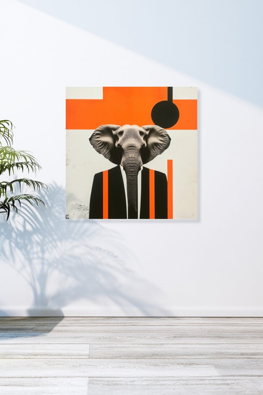 Grafik Poster Elefant Anzug schwarz orange minimalistisch