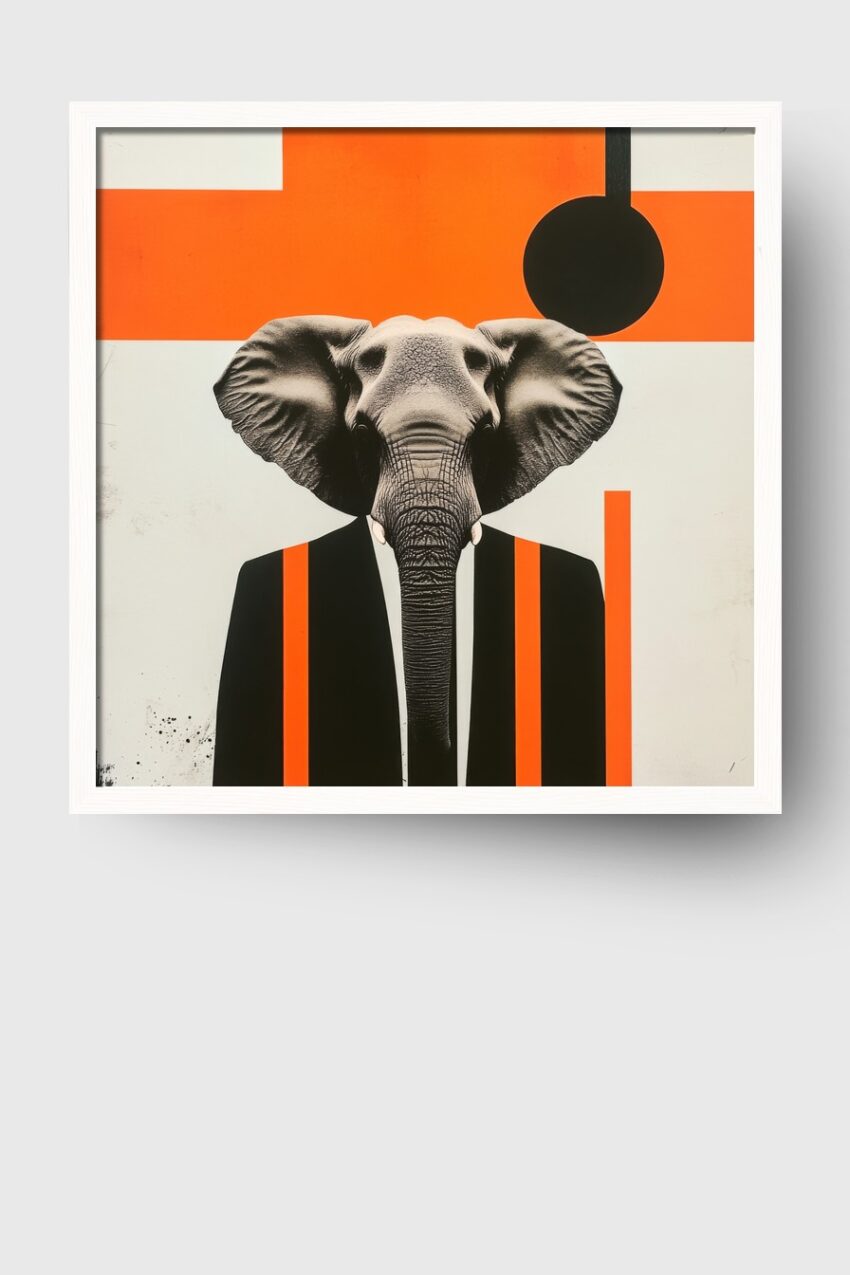 Grafik Poster Elefant Anzug schwarz orange minimalistisch