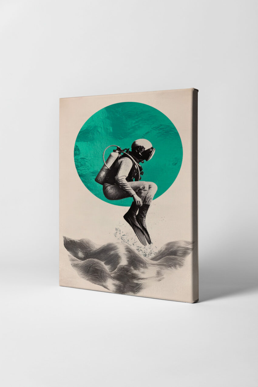 Grafik Poster Taucher Sprung schwarz-weiß türkis