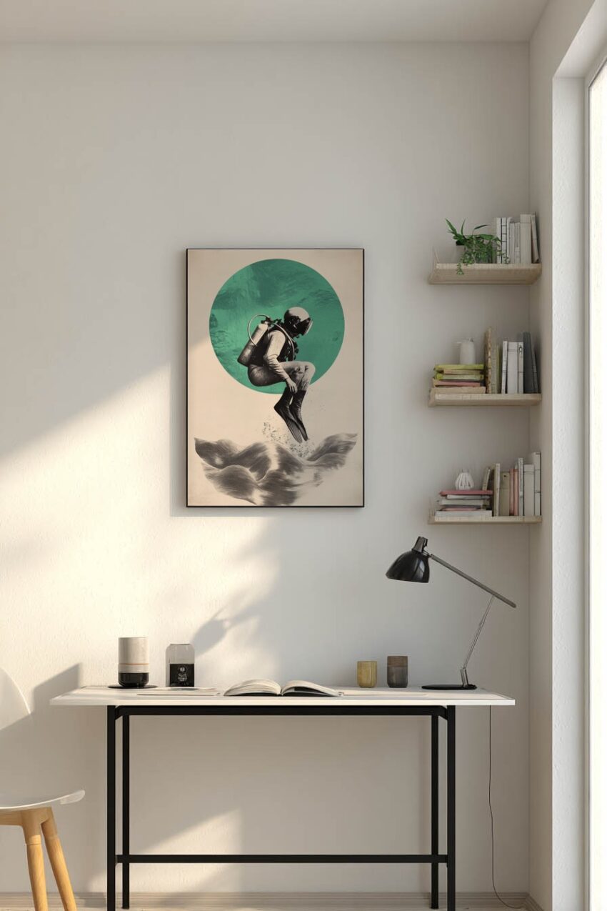 Grafik Poster Taucher Sprung schwarz-weiß türkis