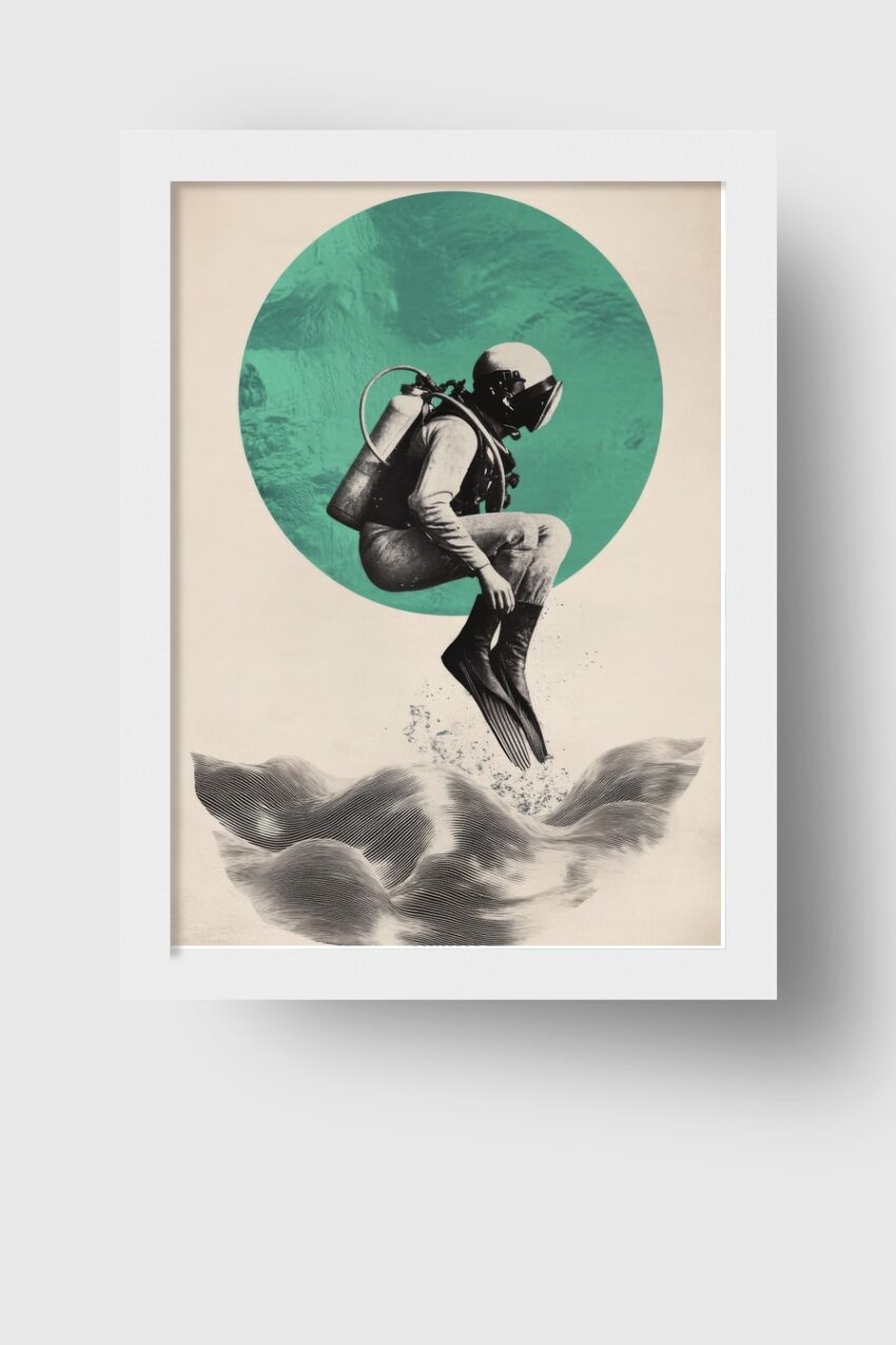 Grafik Poster Taucher Sprung schwarz-weiß türkis