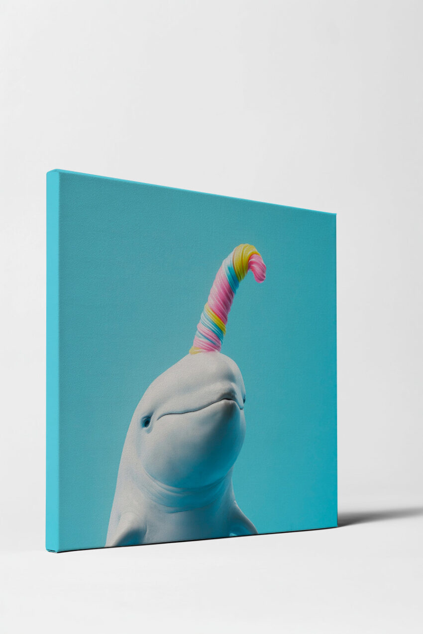 Digitale Kunst Poster Wal buntes Spiralhorn surreal hellblau