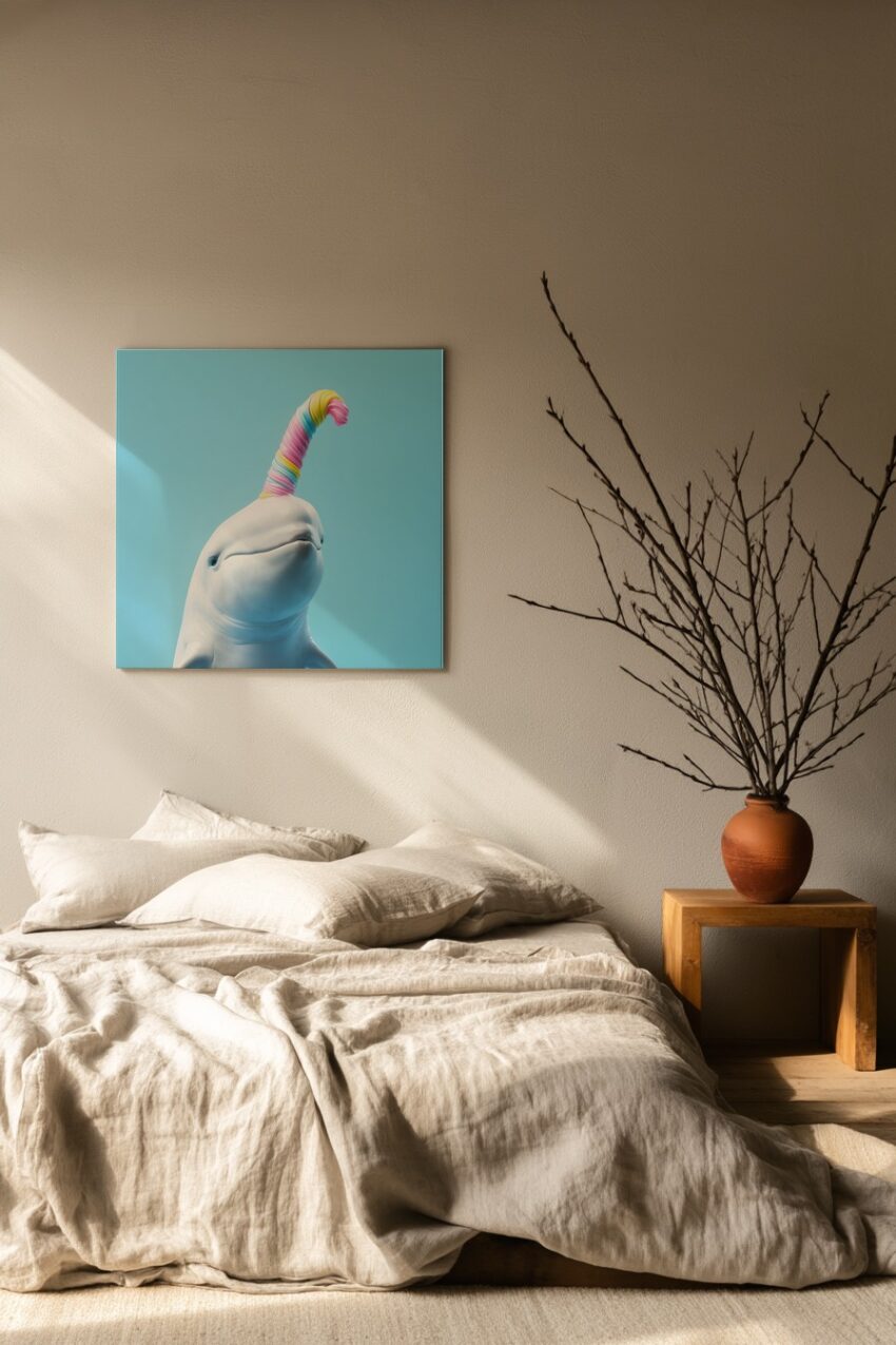 Digitale Kunst Poster Wal buntes Spiralhorn surreal hellblau