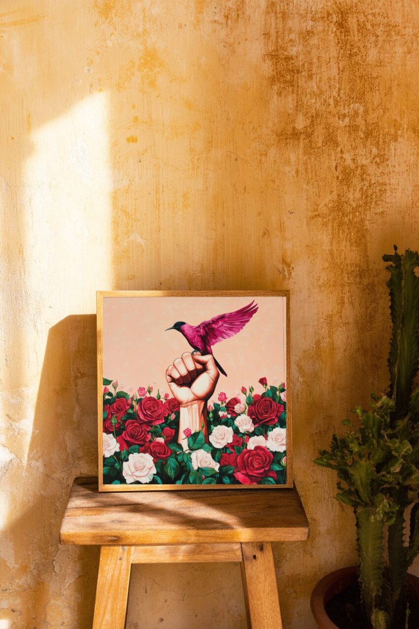 Illustration Poster Vogel Faust Rosa Rot