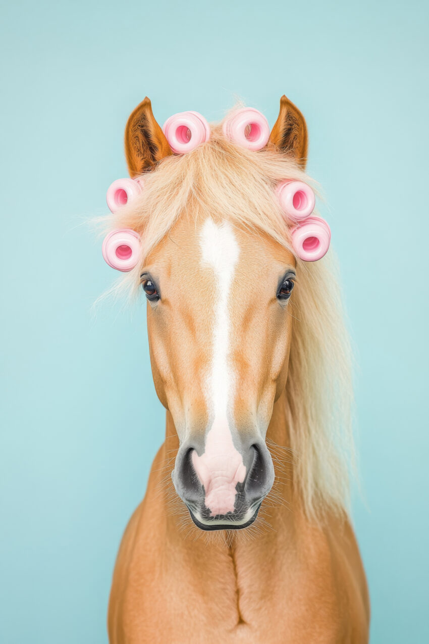Fotografie Poster Pferd frontal rosa Lockenwickler blau