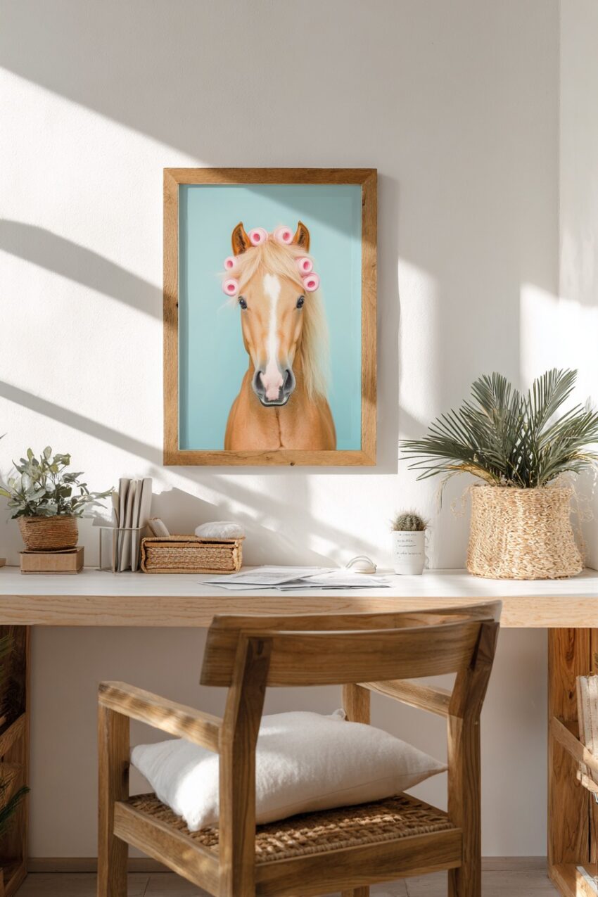 Fotografie Poster Pferd frontal rosa Lockenwickler blau