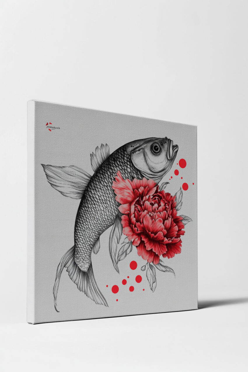 Illustration Poster Fisch Pfingstrose rot schwarz-weiß
