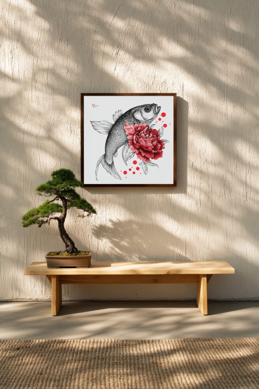 Illustration Poster Fisch Pfingstrose rot schwarz-weiß