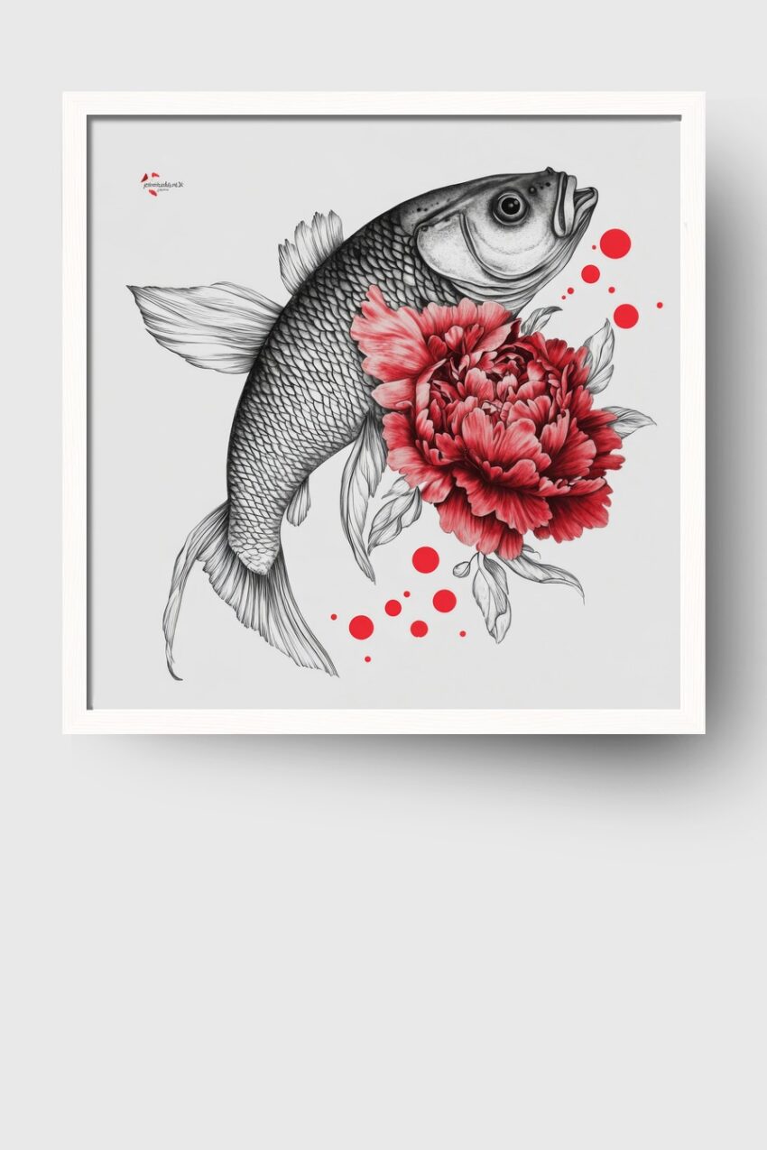 Illustration Poster Fisch Pfingstrose rot schwarz-weiß