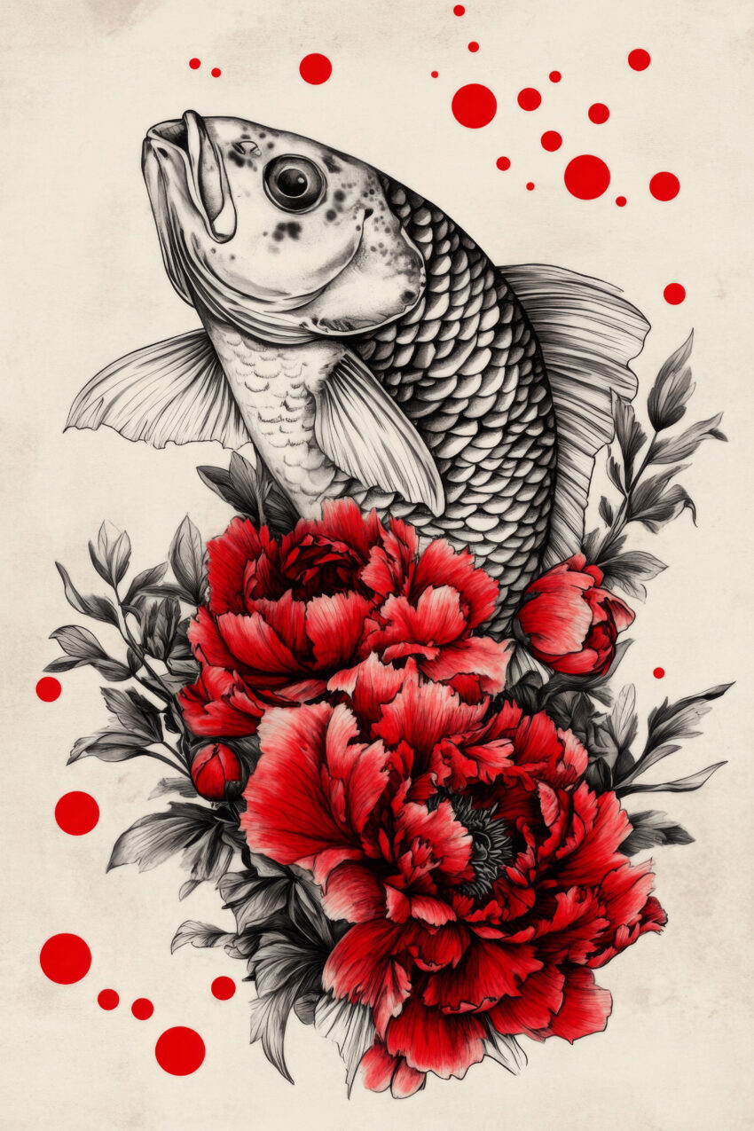 Illustration Poster Karpfen mit roten Blüten schwarz weiß