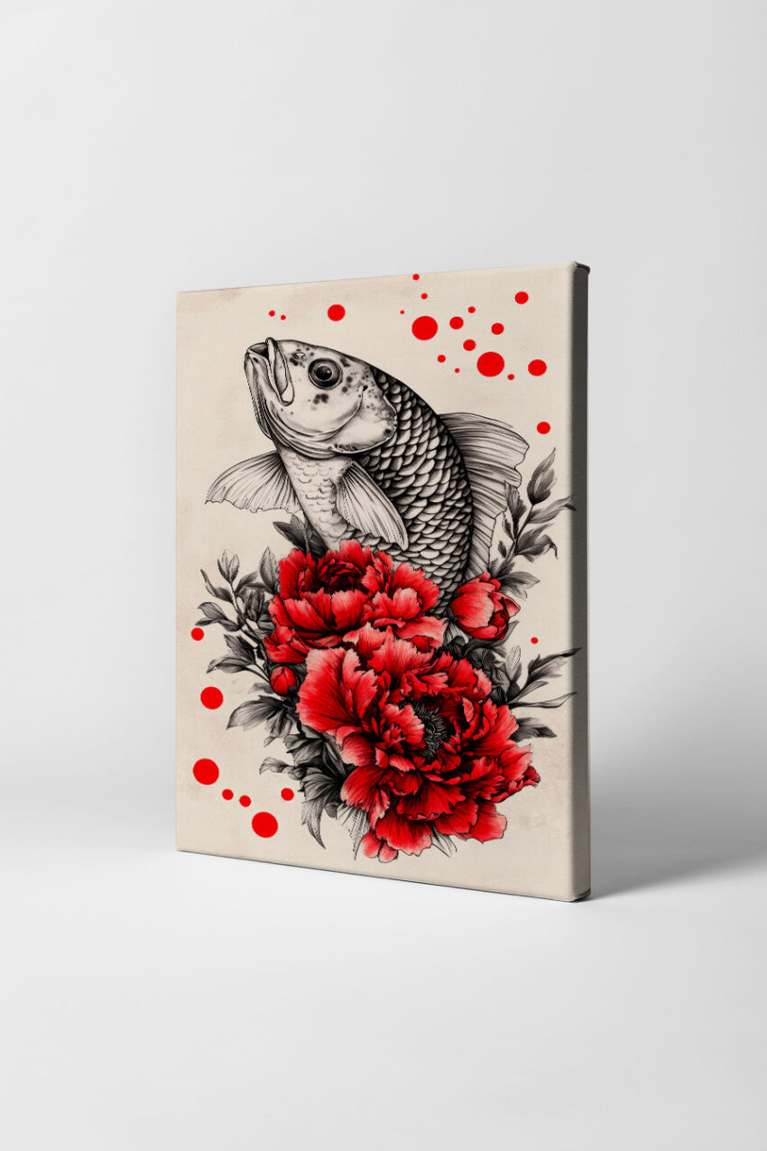 Illustration Poster Karpfen mit roten Blüten schwarz weiß