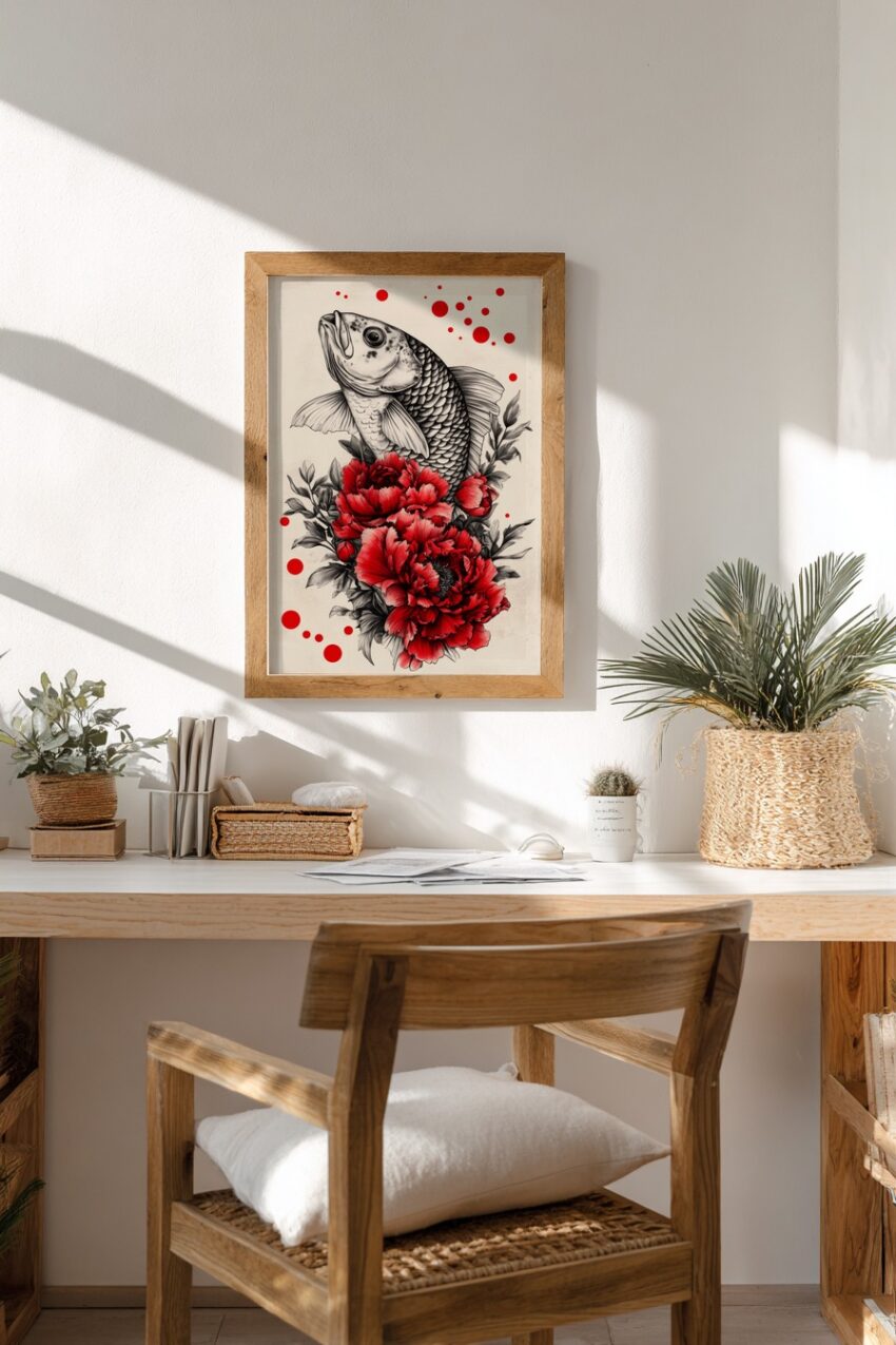 Illustration Poster Karpfen mit roten Blüten schwarz weiß