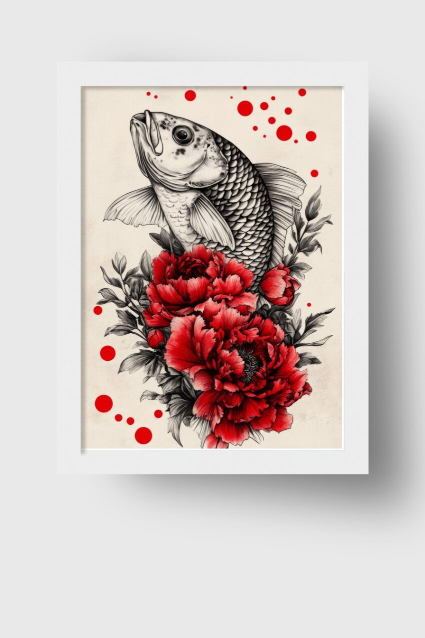 Illustration Poster Karpfen mit roten Blüten schwarz weiß