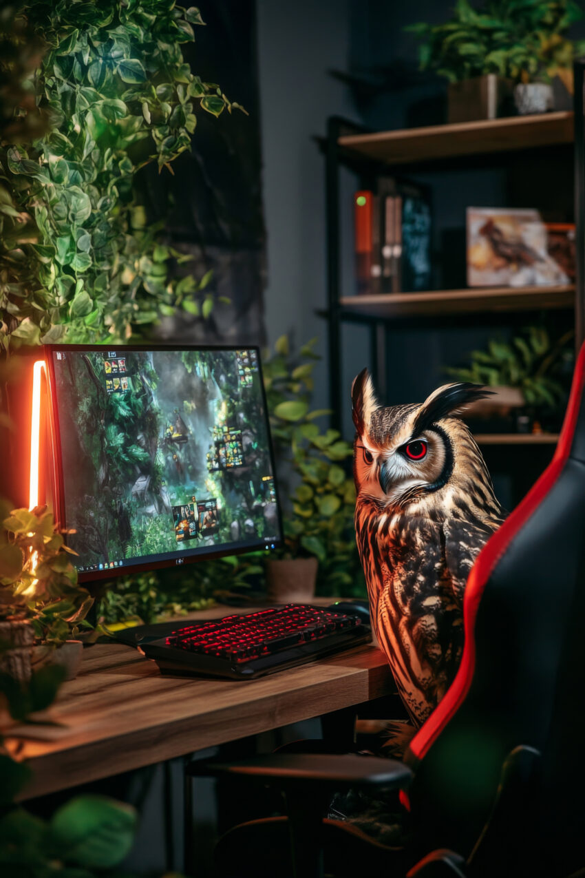 Fotografie Poster Eule am Schreibtisch rot scharf