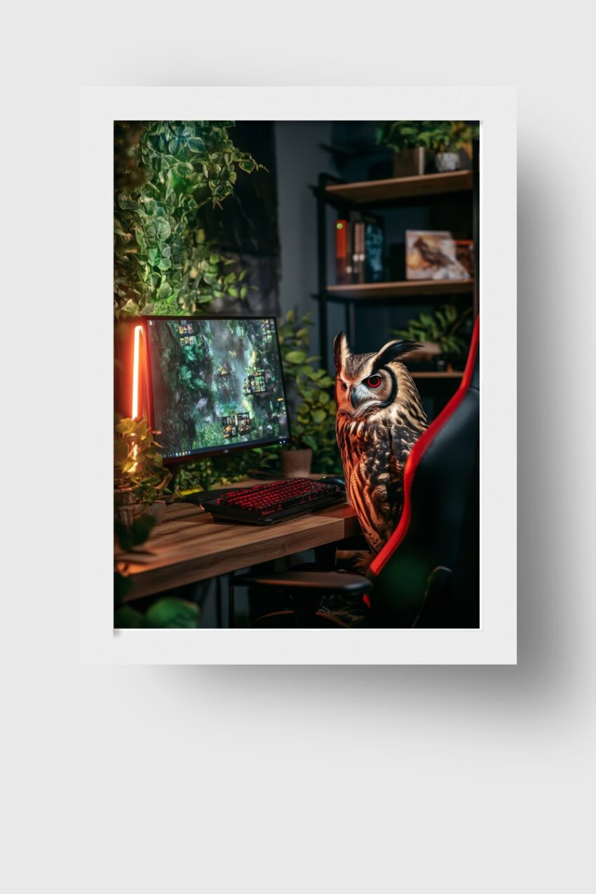 Fotografie Poster Eule am Schreibtisch rot scharf