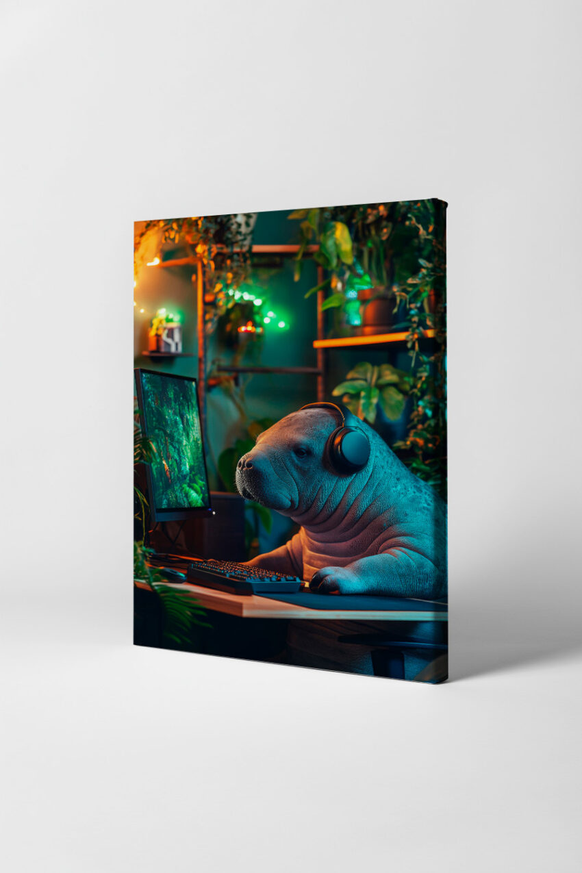 Digitale Kunst Poster Seekuh am PC kopfhörer grün