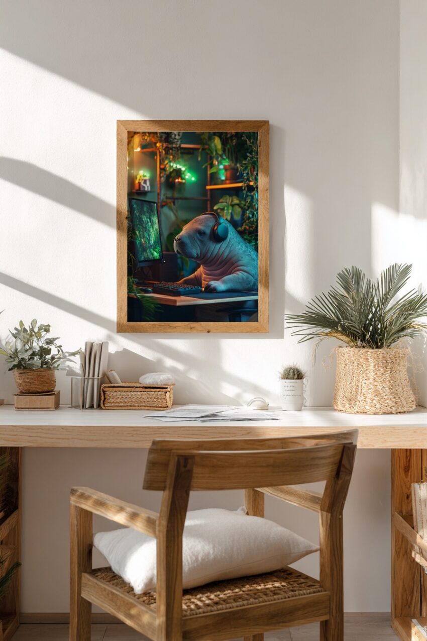 Digitale Kunst Poster Seekuh am PC kopfhörer grün