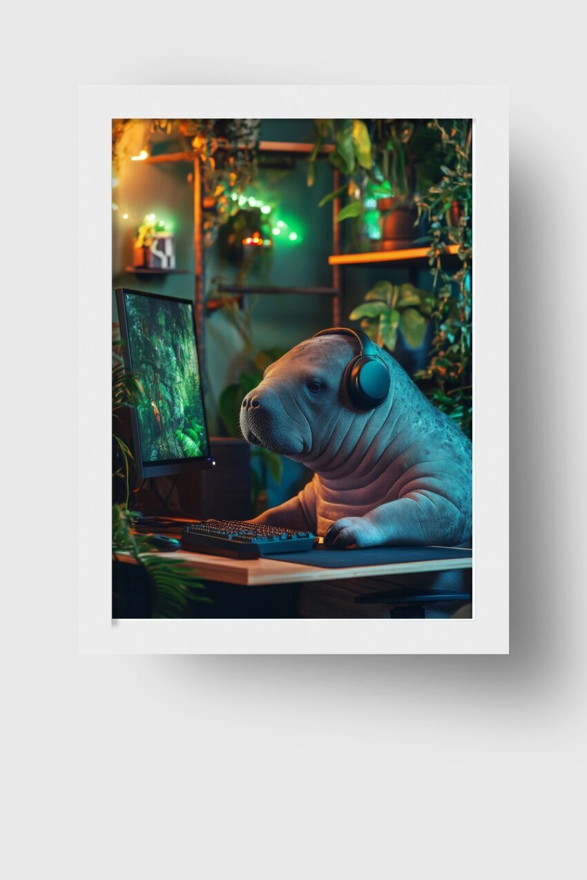Digitale Kunst Poster Seekuh am PC kopfhörer grün