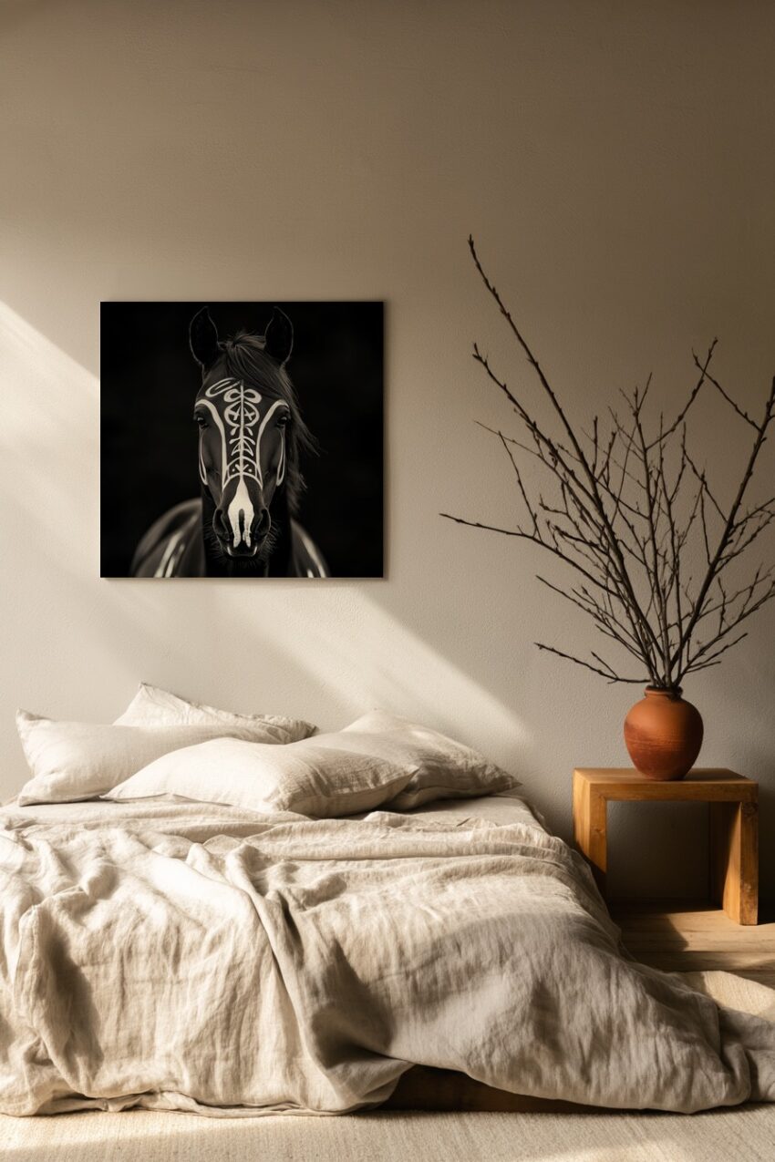 Fotografie Poster Pferd bemalt frontal schwarz weiß