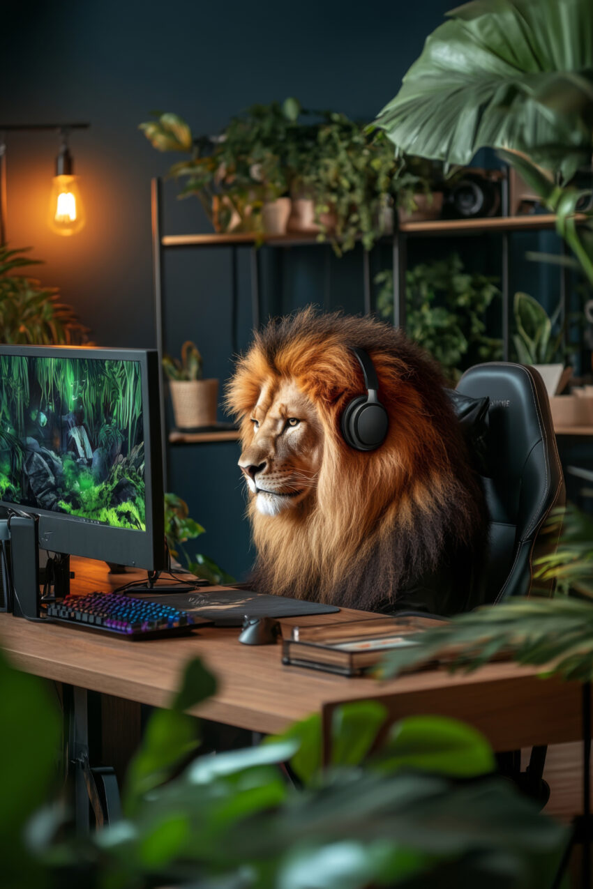 Fotografie Poster Löwe ernst Mähne Kopfhörer Büro