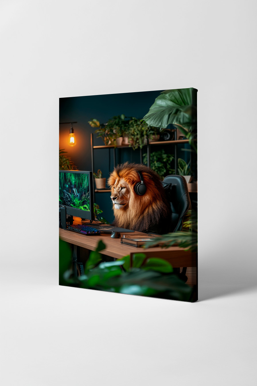 Fotografie Poster Löwe ernst Mähne Kopfhörer Büro