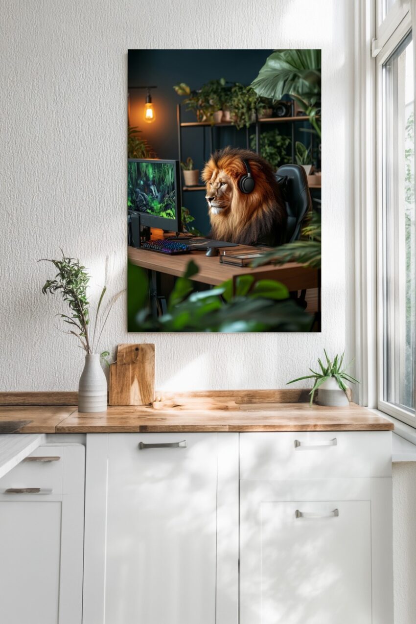 Fotografie Poster Löwe ernst Mähne Kopfhörer Büro