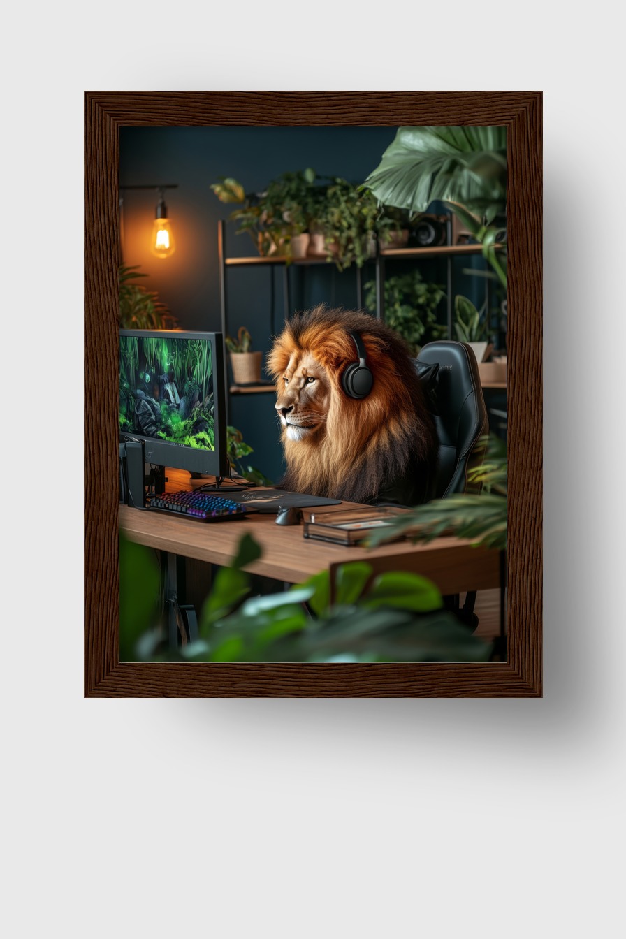 Fotografie Poster Löwe ernst Mähne Kopfhörer Büro