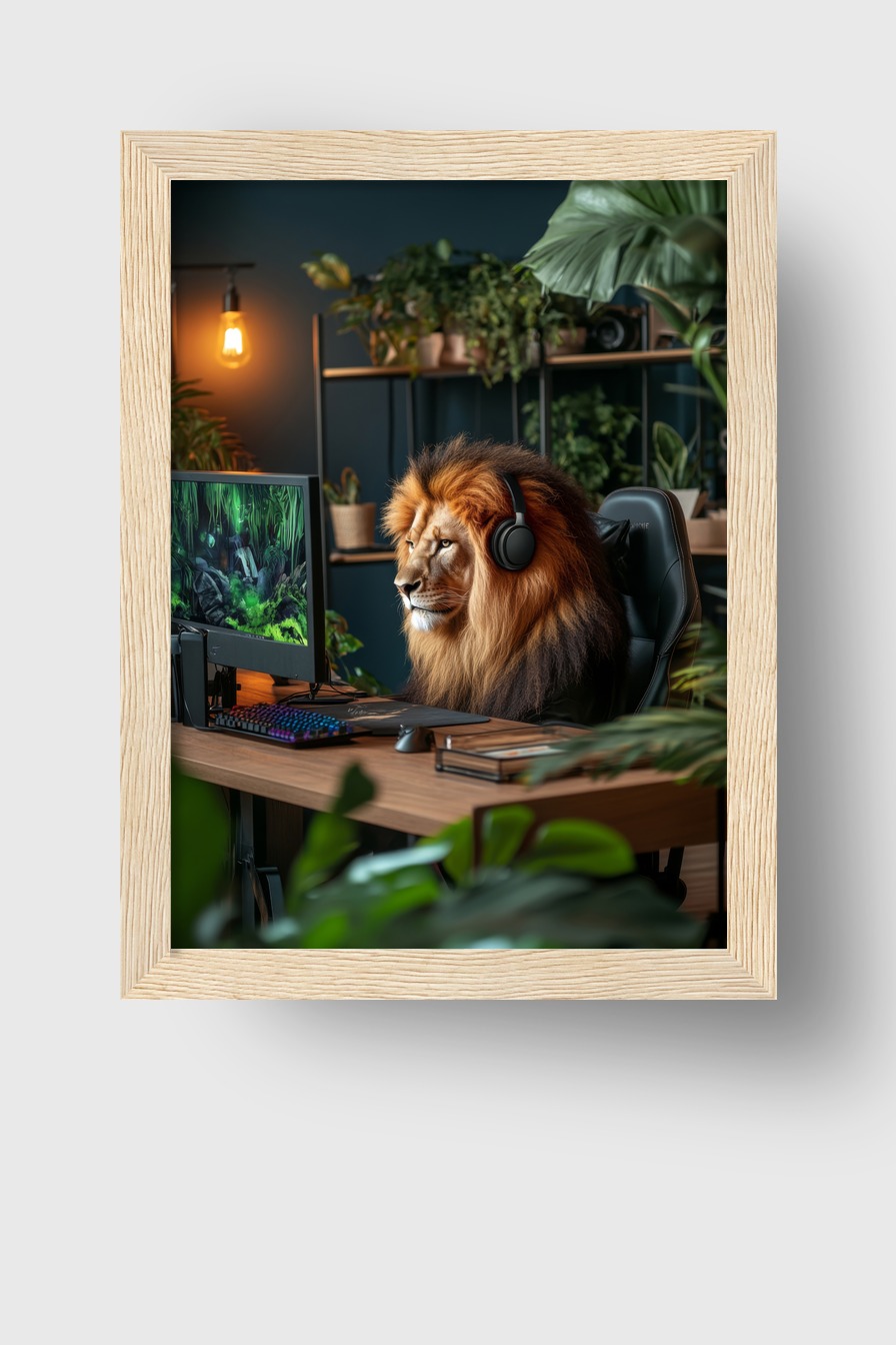 Fotografie Poster Löwe ernst Mähne Kopfhörer Büro