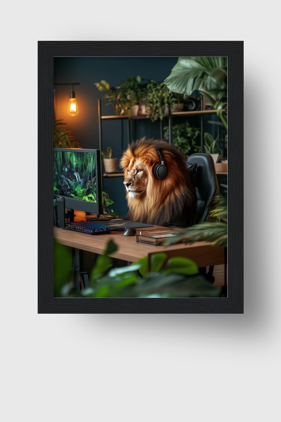 Fotografie Poster Löwe ernst Mähne Kopfhörer Büro