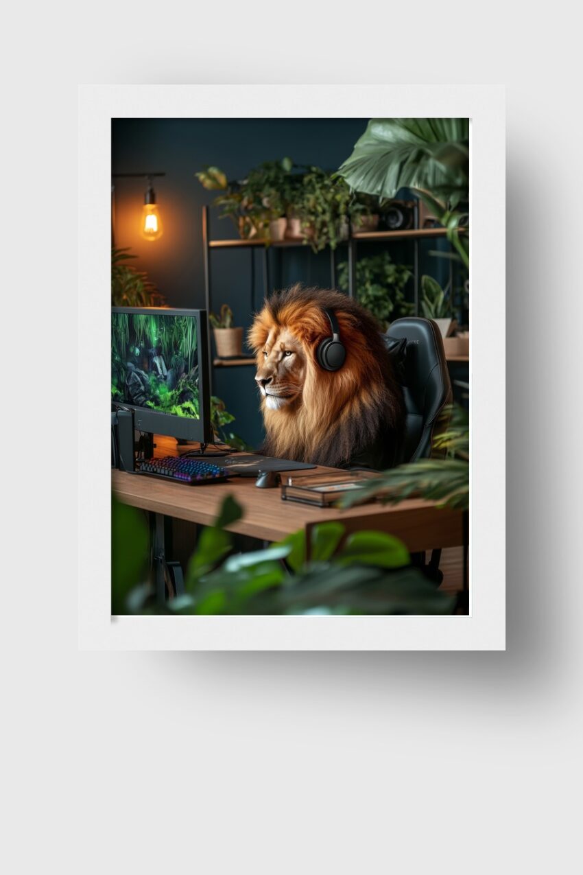 Fotografie Poster Löwe ernst Mähne Kopfhörer Büro