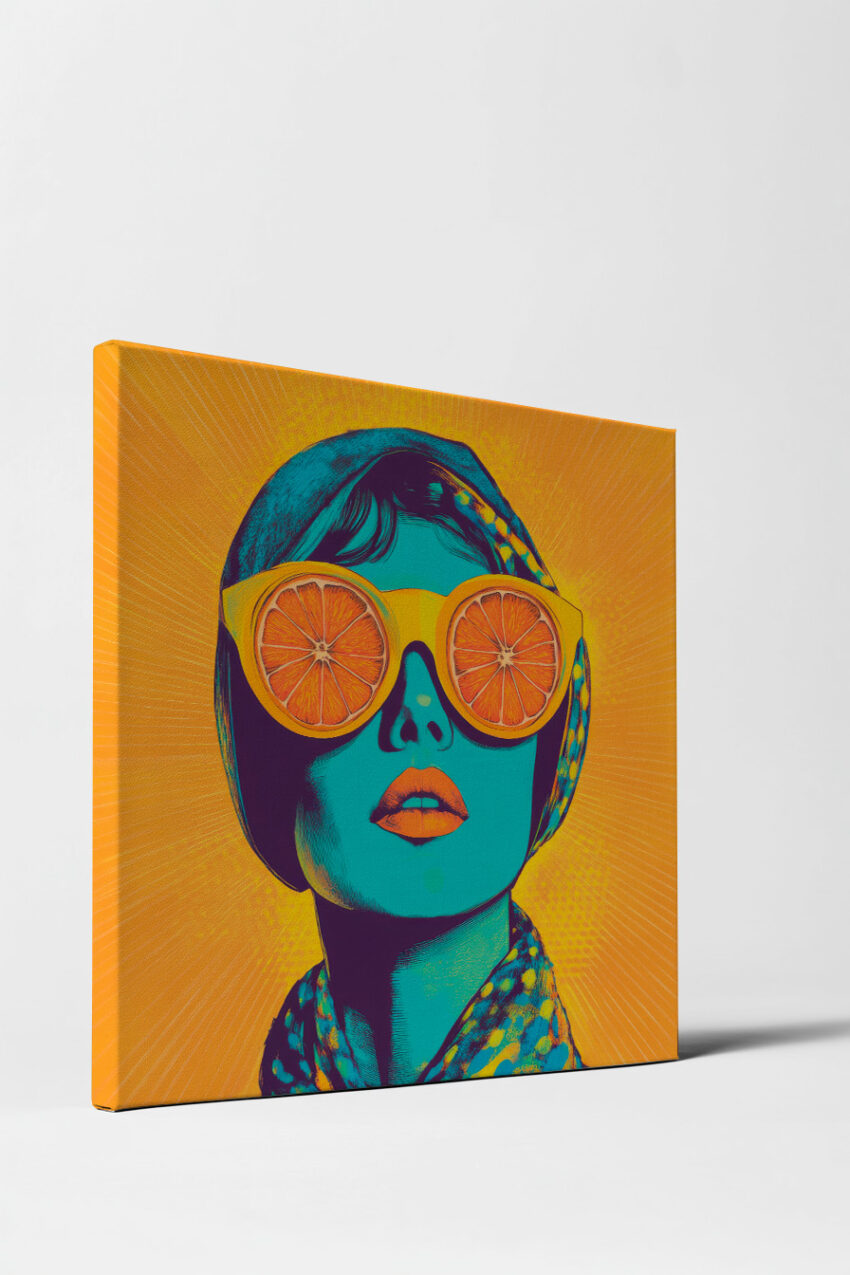 Grafik Poster Frau Orangebrille farbig blau orange