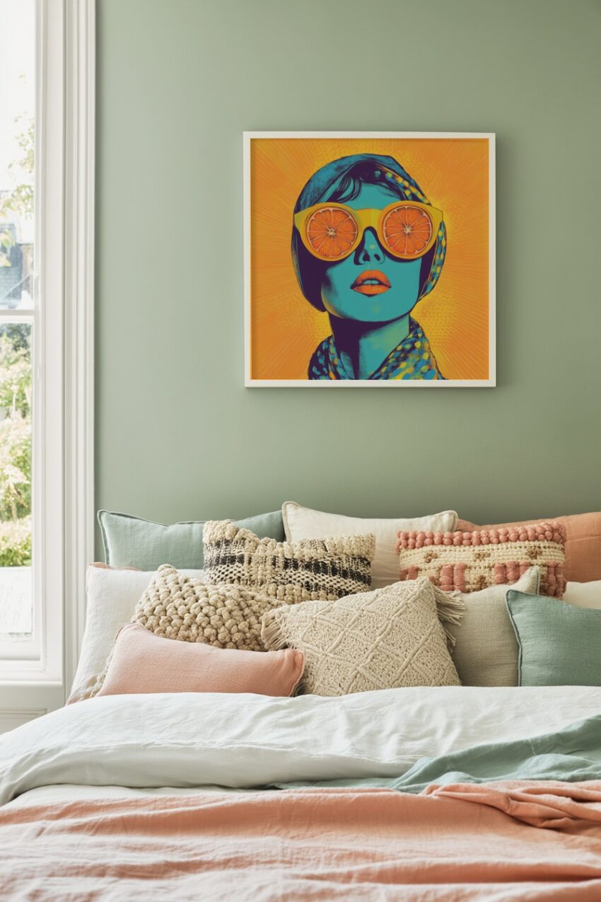 Grafik Poster Frau Orangebrille farbig blau orange