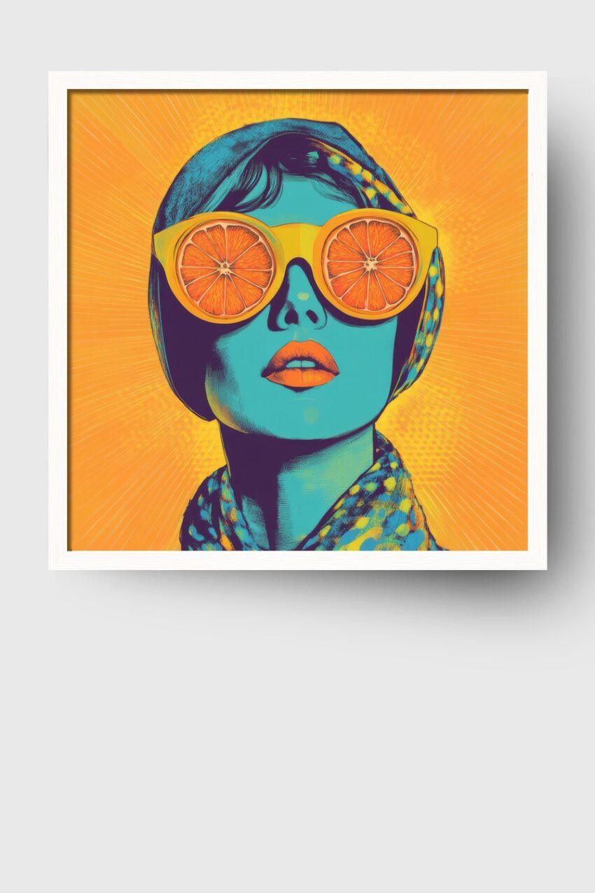 Grafik Poster Frau Orangebrille farbig blau orange