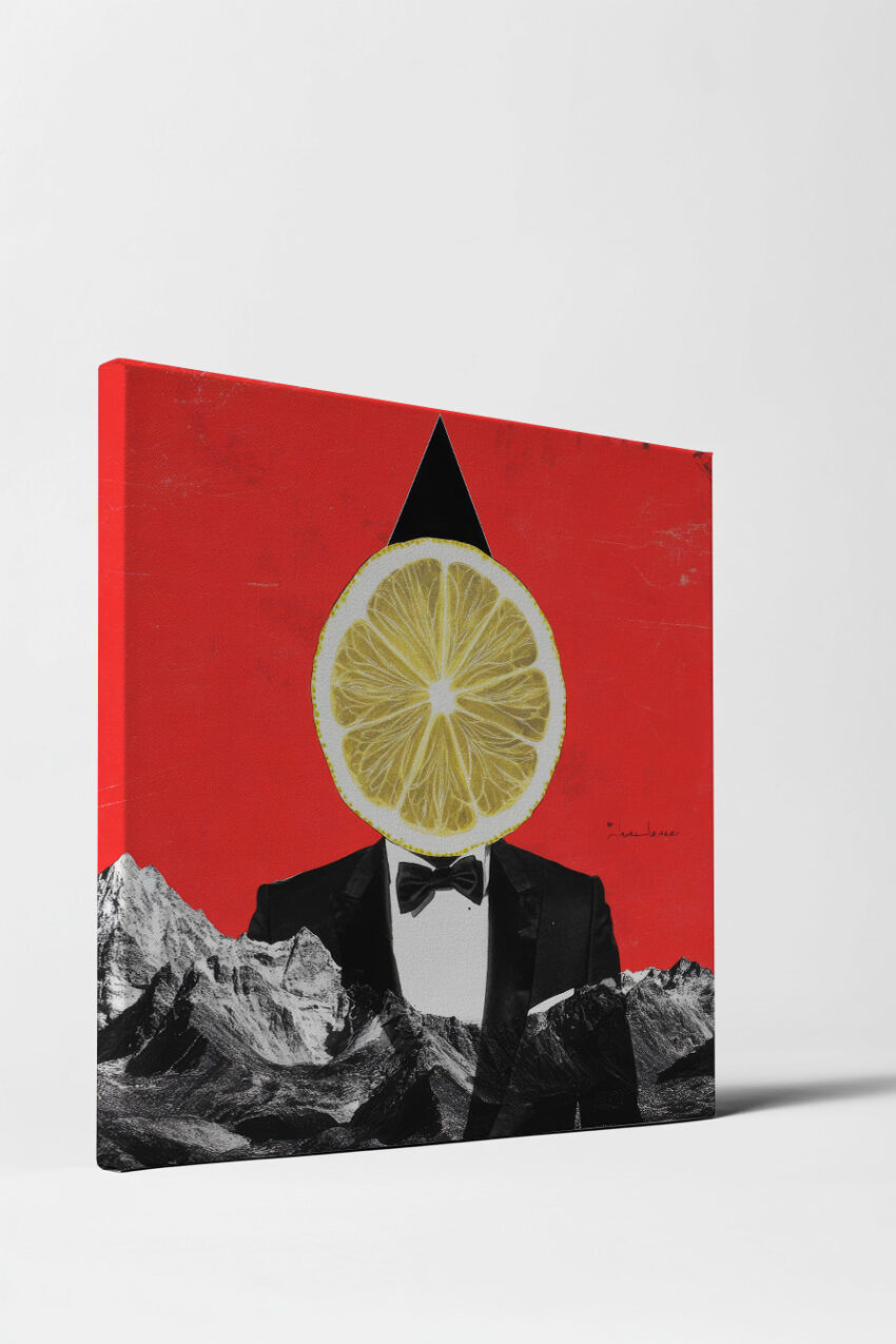 Grafik Poster Zitrone Anzug surreal rot schwarz