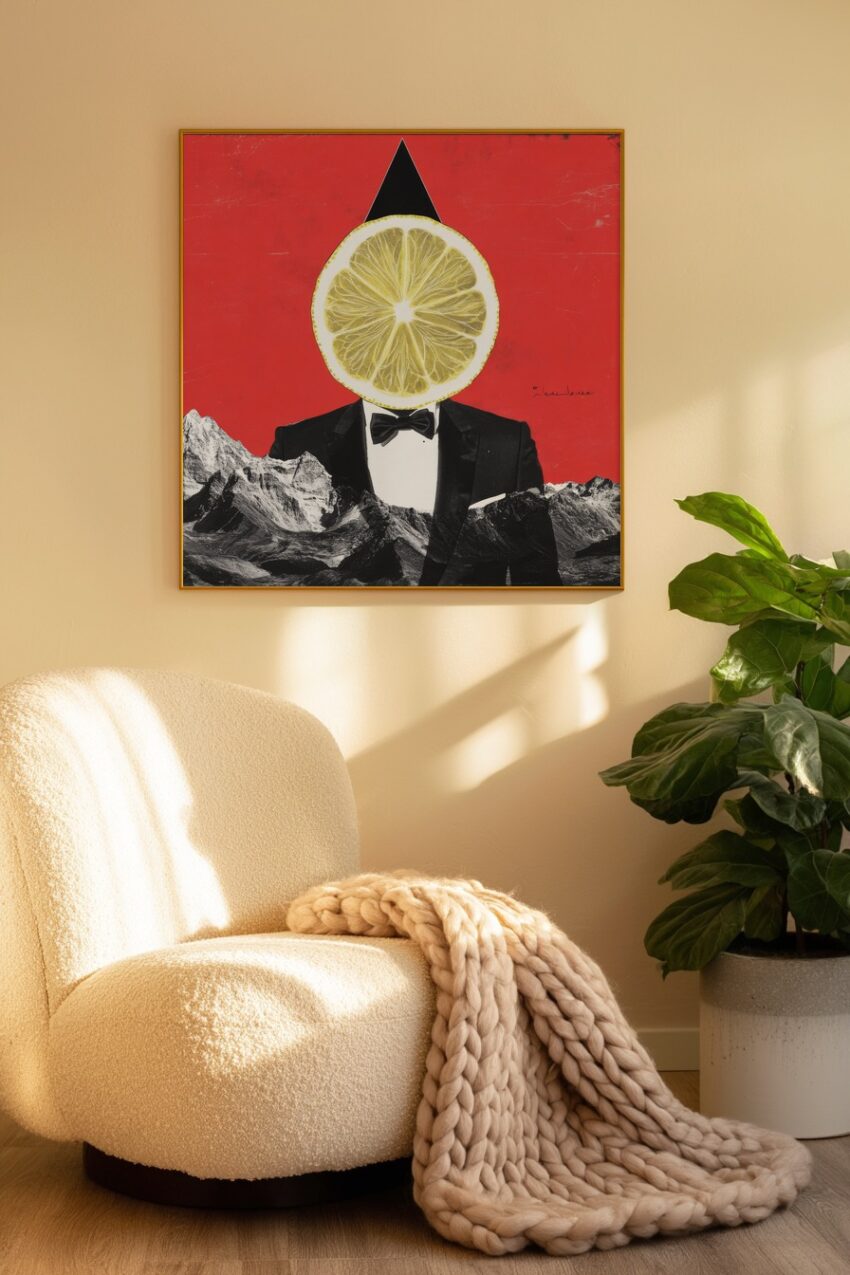 Grafik Poster Zitrone Anzug surreal rot schwarz