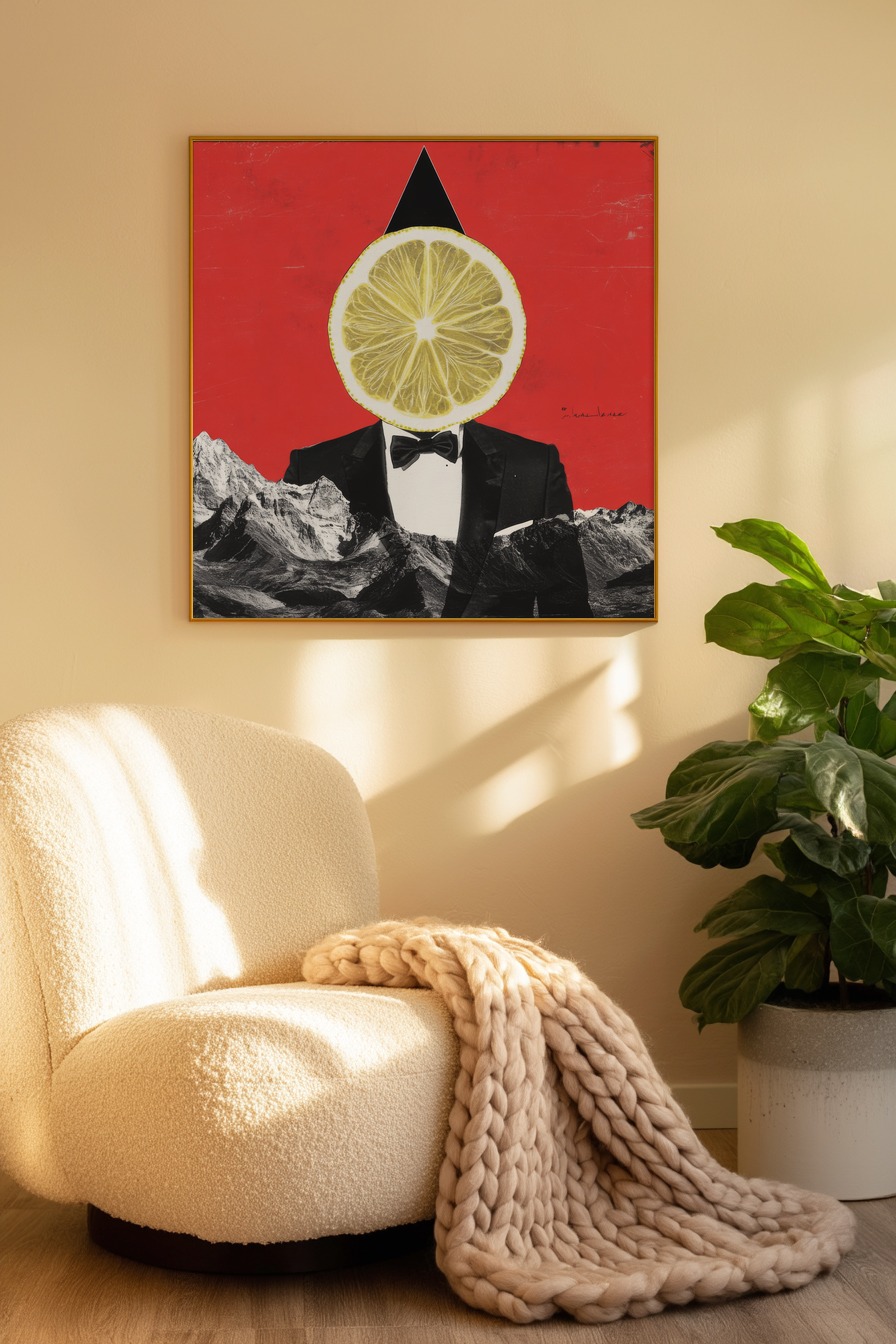 Grafik Poster Zitrone Anzug surreal rot schwarz