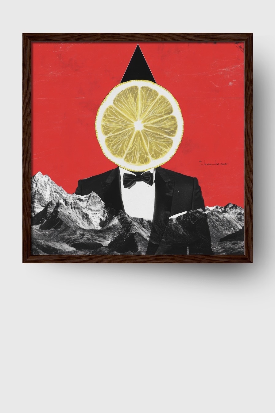 Grafik Poster Zitrone Anzug surreal rot schwarz