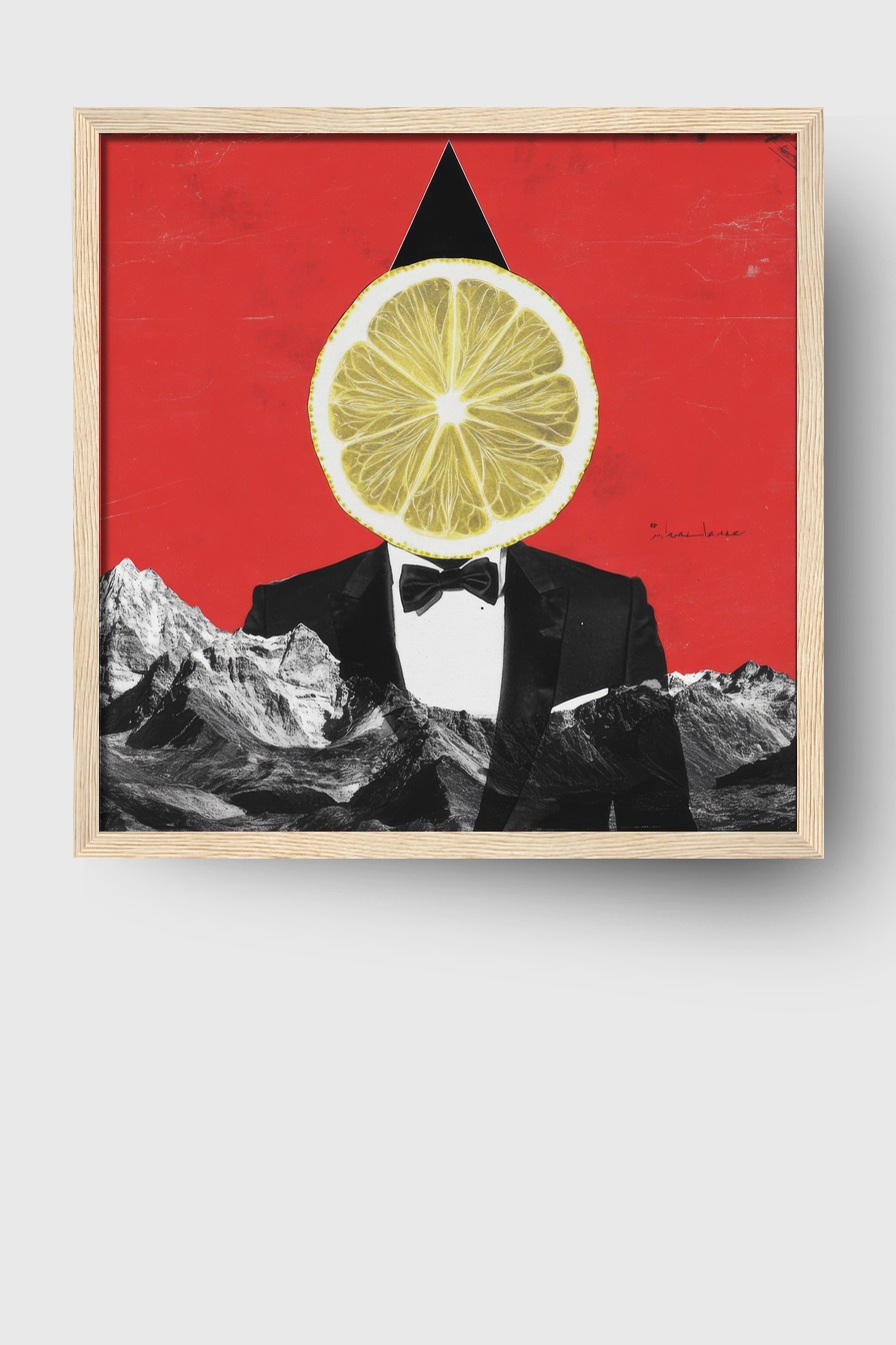 Grafik Poster Zitrone Anzug surreal rot schwarz