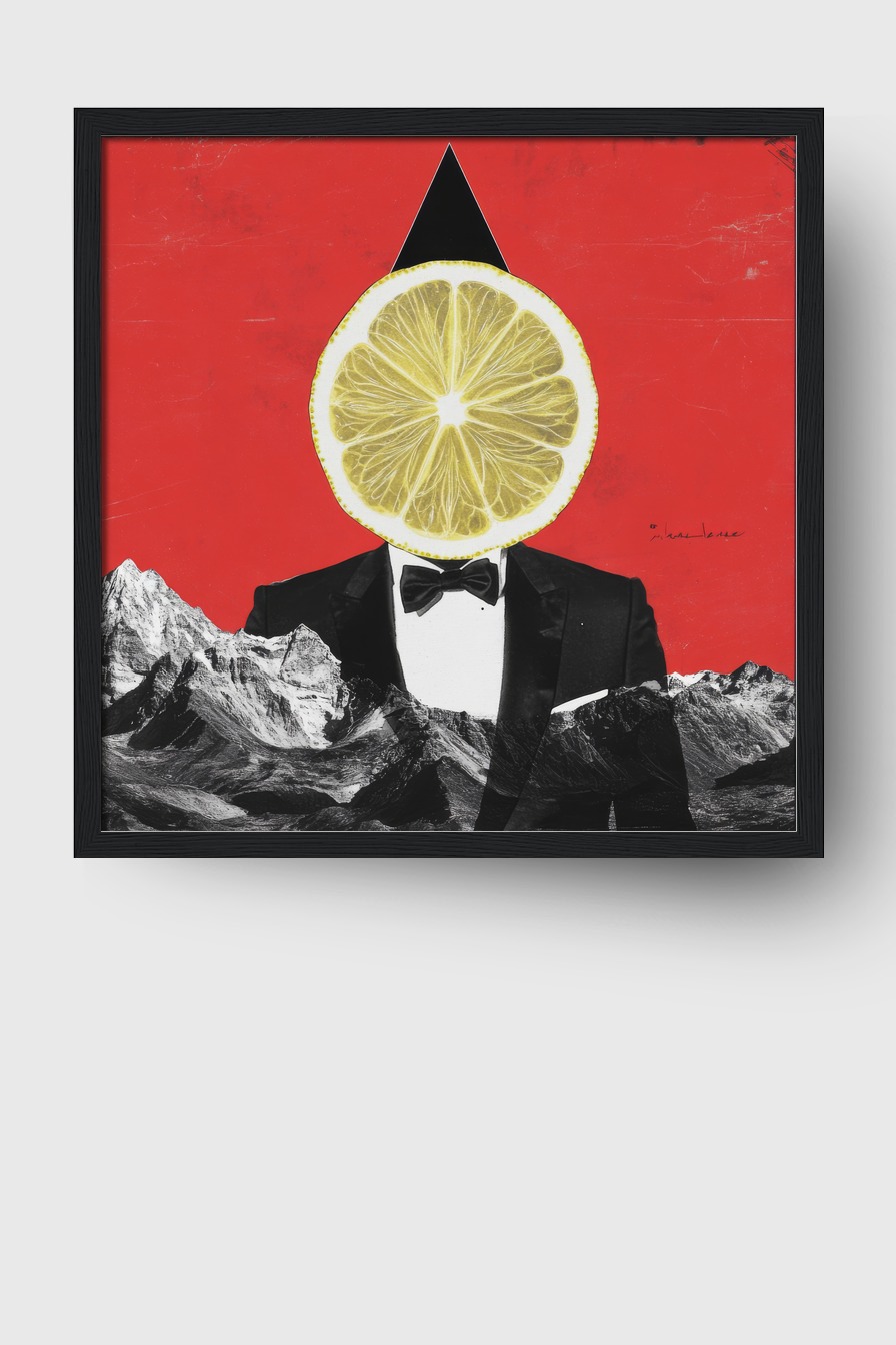 Grafik Poster Zitrone Anzug surreal rot schwarz