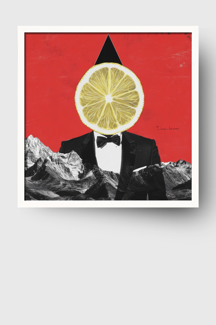 Grafik Poster Zitrone Anzug surreal rot schwarz
