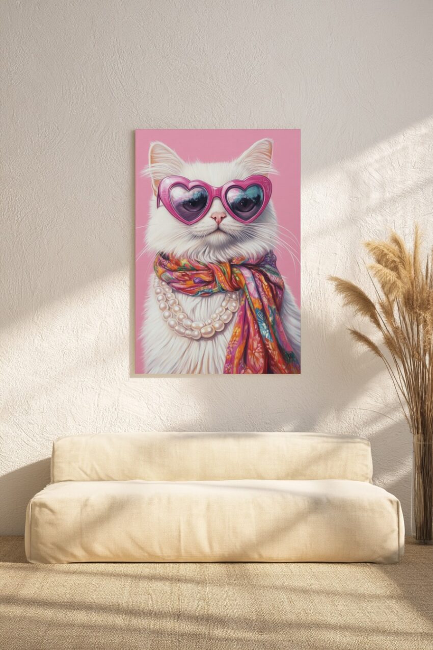 Illustration Poster Katze Herzbrille weiß bunt