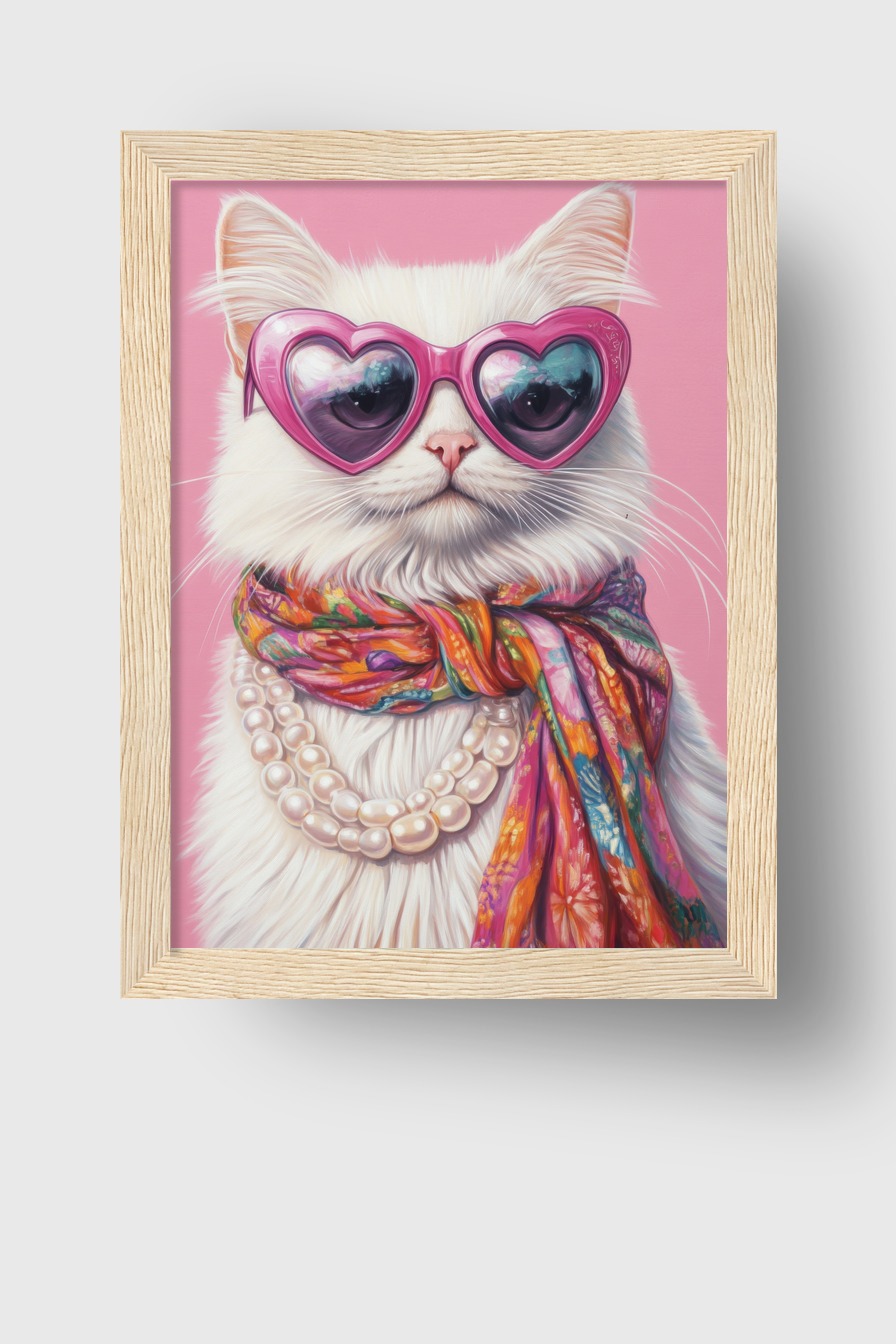 Illustration Poster Katze Herzbrille weiß bunt