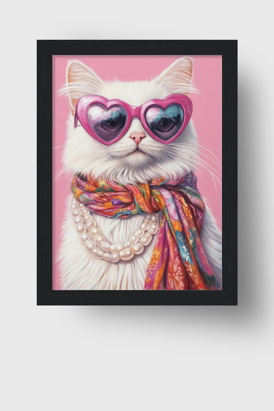 Illustration Poster Katze Herzbrille weiß bunt