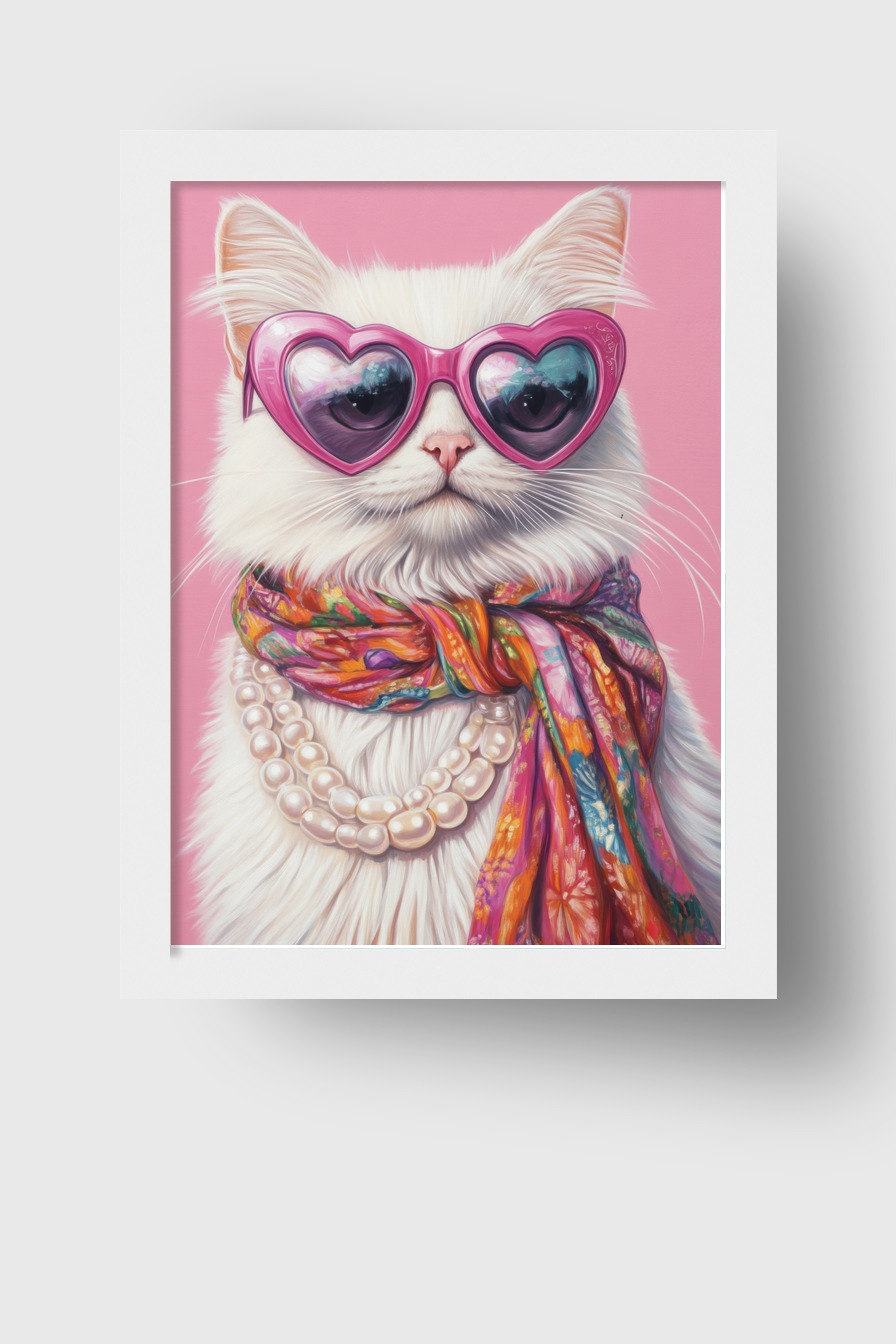 Illustration Poster Katze Herzbrille weiß bunt