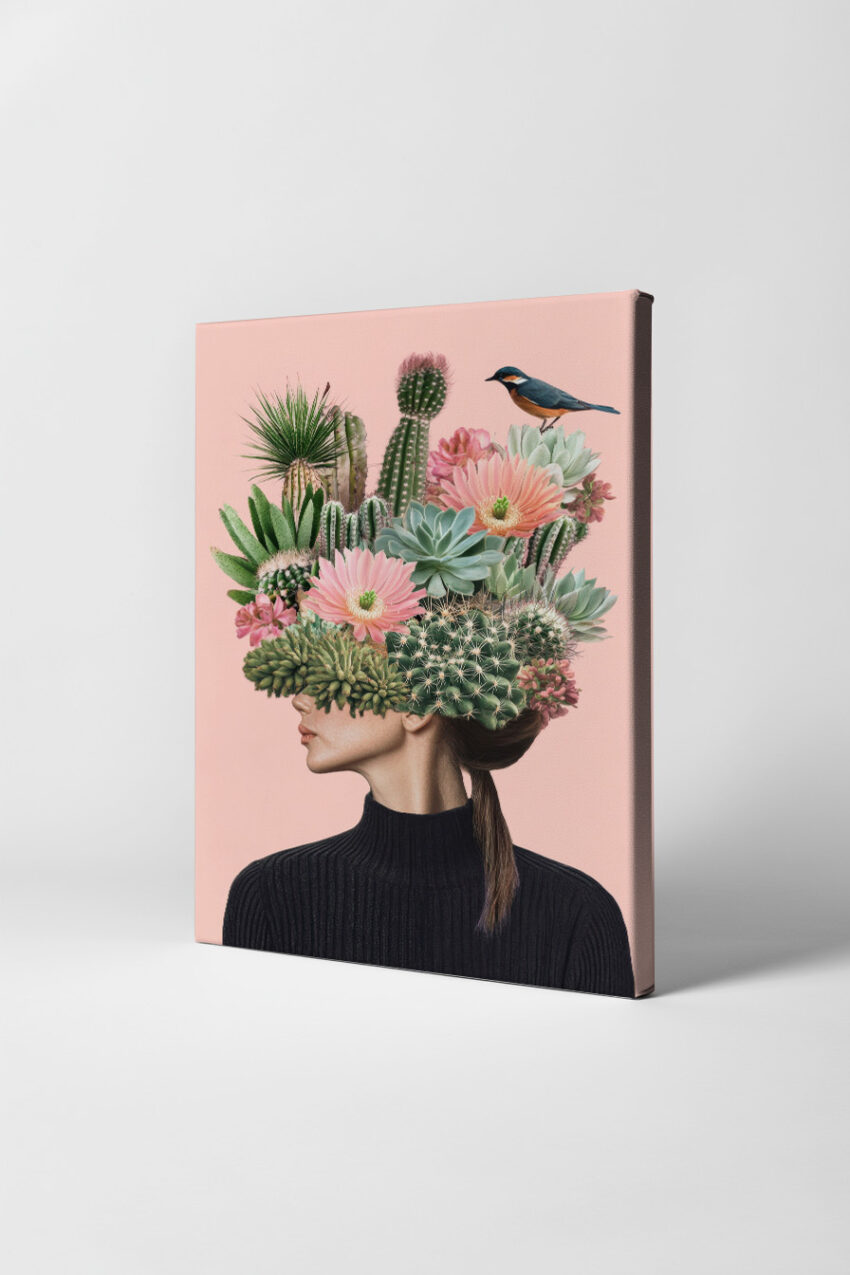 Digitale Kunst Poster Kakteen Kopfputz Vogel grün rosa
