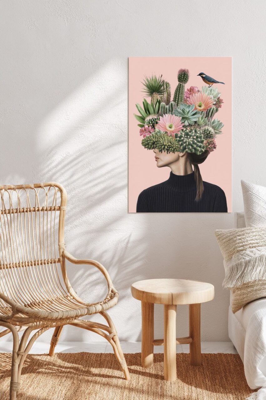 Digitale Kunst Poster Kakteen Kopfputz Vogel grün rosa
