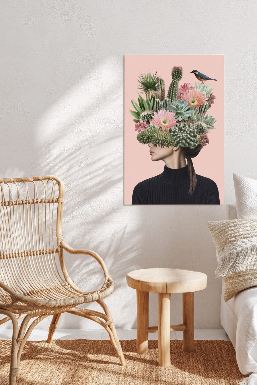 Digitale Kunst Poster Kakteen Kopfputz Vogel grün rosa