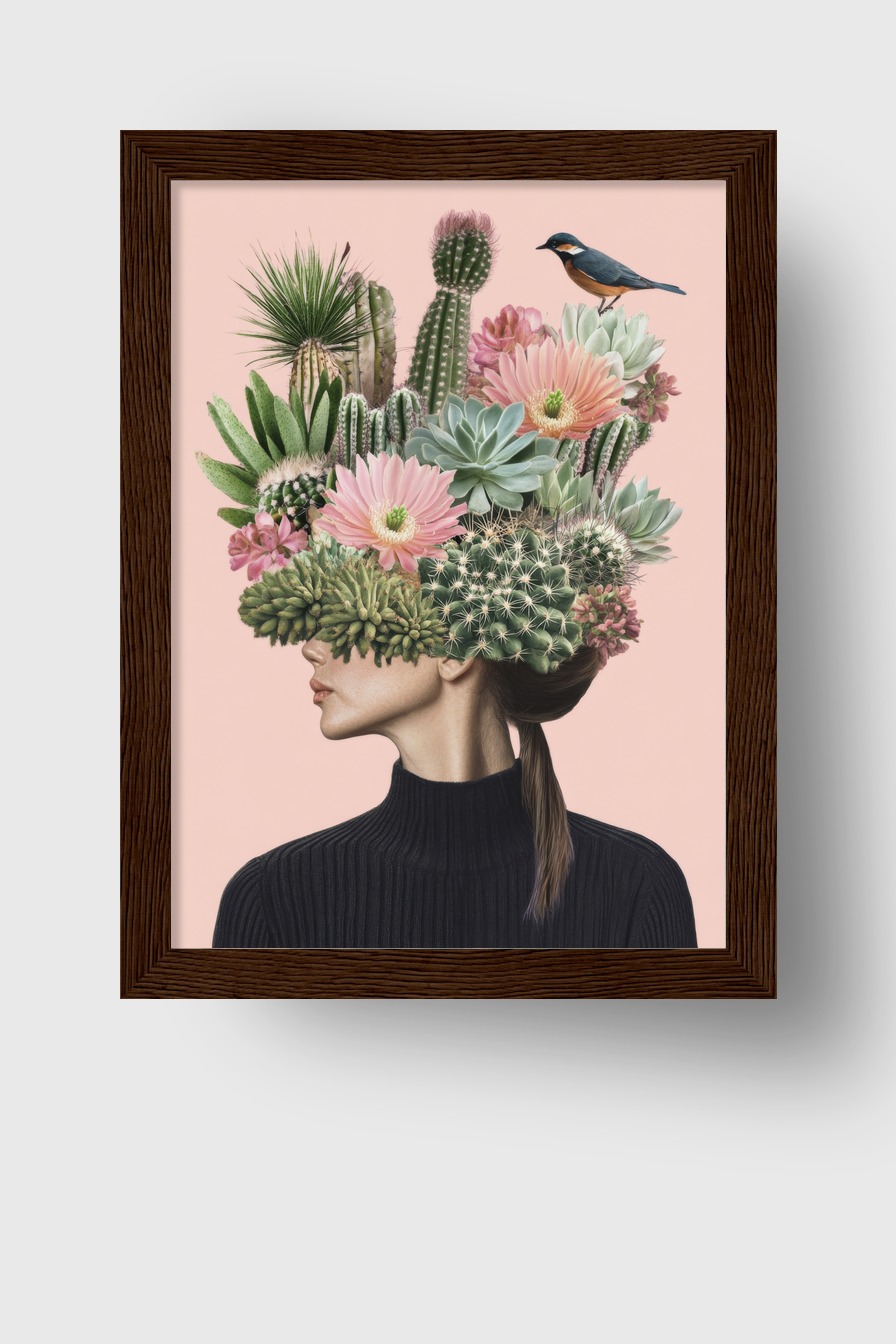 Digitale Kunst Poster Kakteen Kopfputz Vogel grün rosa