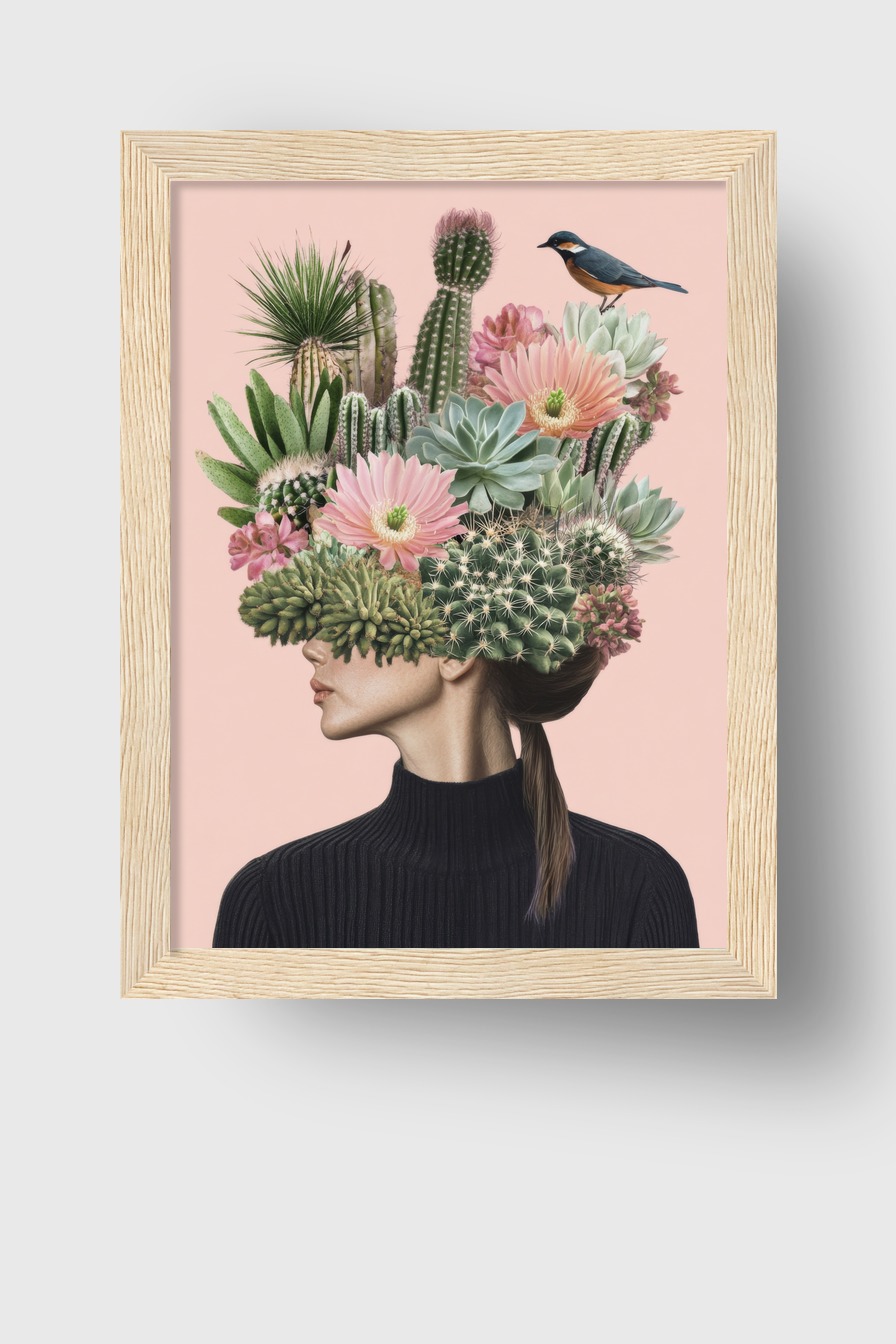 Digitale Kunst Poster Kakteen Kopfputz Vogel grün rosa
