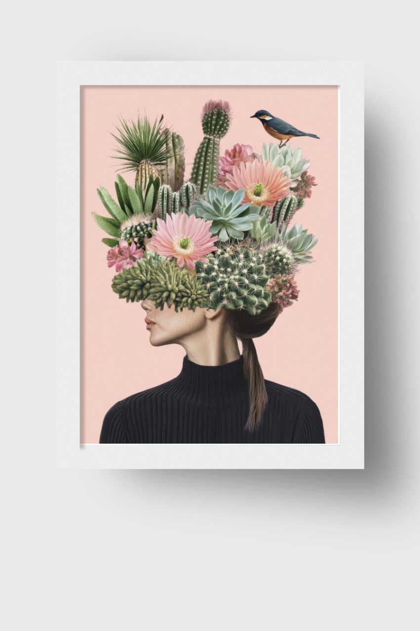 Digitale Kunst Poster Kakteen Kopfputz Vogel grün rosa
